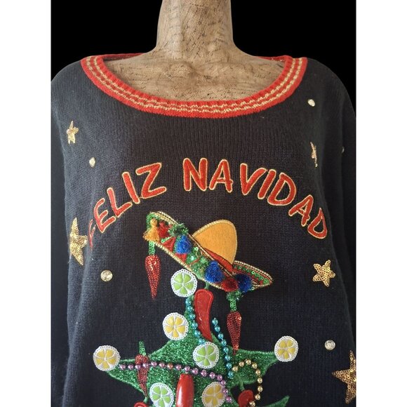 Feliz Navidad Christmas Ugly Sweater With Embellishments & Bell Sleeves - Picture 2 of 16